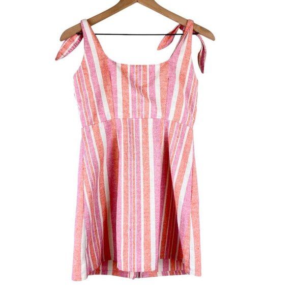 BNDI Pink Striped Linen Blend Button Front Tie Strap Mini Dress - Picture 5 of 5